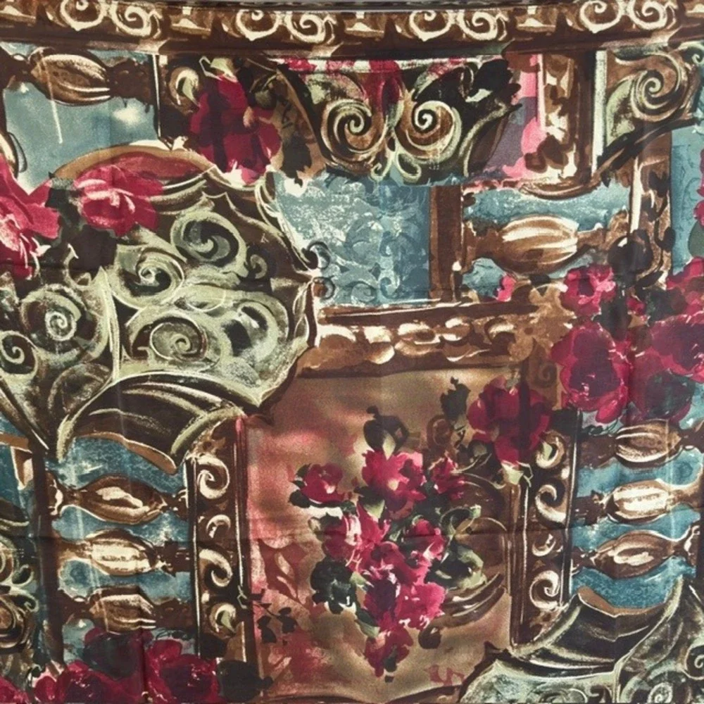 Vintage Silk Scarf 1990s Baroque Floral Red Rose Teal Gold Scroll Print‎